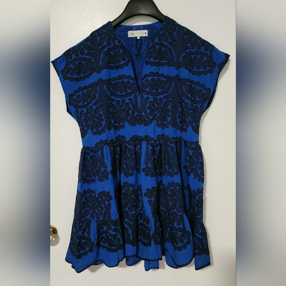 Zara Blue Mini Dress with Black Intricate Embroidery,  Size S - Picture 8 of 10